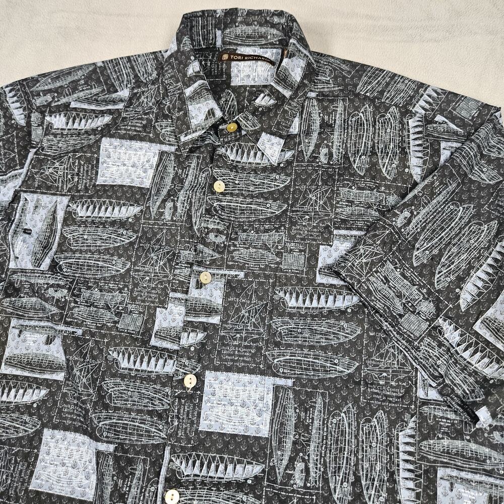 Tori Richard Hawaiian Shirt Men Small Sailing Boating Cotton Lawn Black Nautical